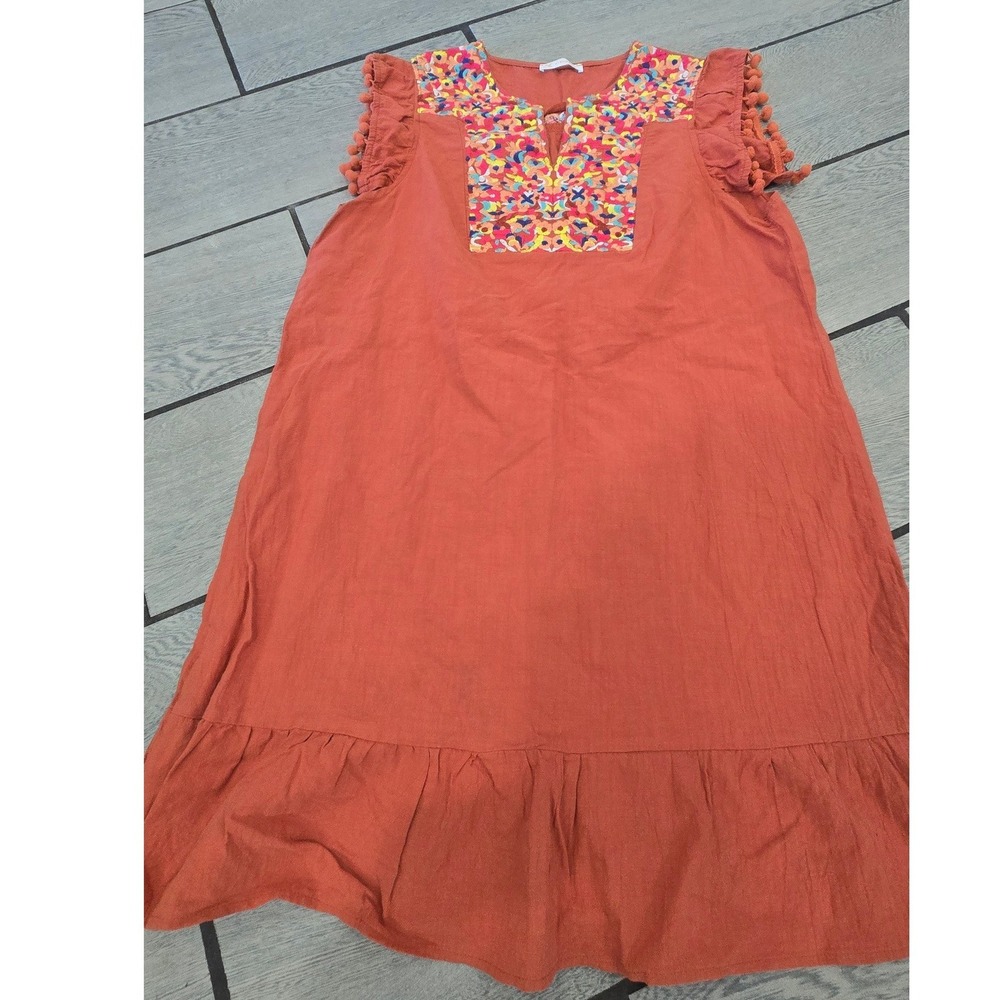 Kirundo Rust Orange Embroidered Pom Pom Ruffle Mini Dress Boho Summer Large